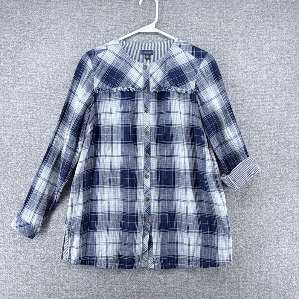 J Jill Blouse Top Women Size Small Petite Blue Plaid Cottage Roll Tab Sleeve